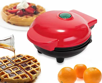 A collage of a red waffle maker, waffles with syrup, and oranges.