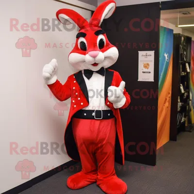 Obrázek produktu pro Postava REDBROKOLY maskota červeného divokého králíka oblečená do smokingu a pásků
