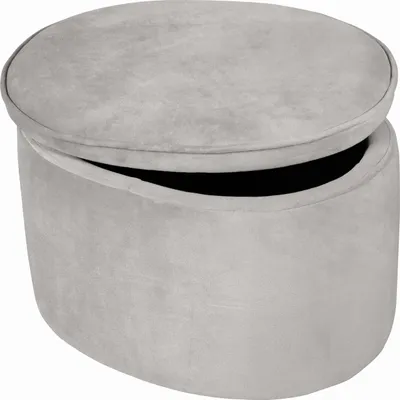 A single oval ottoman with its lid partially open, revealing the dark interior.