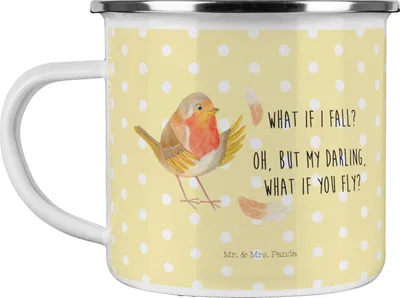 Produktbild von Mr. & Mrs. Panda Kaffeepott Rotkehlchen Federn - Gelb Pastell - Geschenk, Spruch Mut, Motivationsbilder, Haferl, fliegen, Teetasse, becher emaille, Lustige Sprüche, Pott
