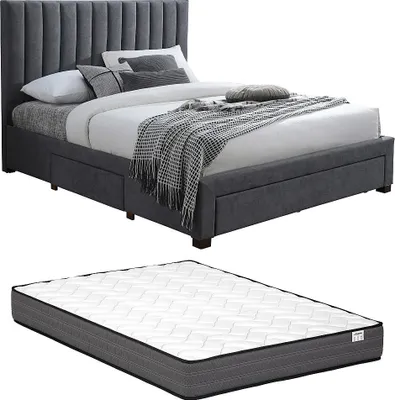 Produktbild von Bett mit 3 Schubladen 180 x 200 cm - Stoff - Grau + Matratze - LIAKO