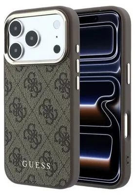 Imagen del producto de Funda trasera para iPhone 17 Pro/18 Pro, color marrón, con marco dorado de 4G, hecha de cuero sintético (PU) y compatible con MagSafe