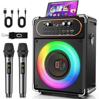 Productafbeelding van Karaokeset Zwart Bluetooth - 200W Vermogen - 2 Draadloze Microfoons - USB SD RCA