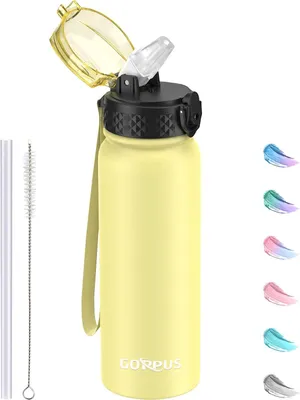 Productafbeelding van Thermosfles RVS 600 ml - Met rietje en draagband
