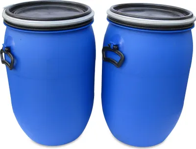 Produktbild von 2 x 60 L 60 Liter Spannfass Kunststofftonne Fass Tonne mit Deckel Spannring Farbe blau, gebr. (2x60 Spann)