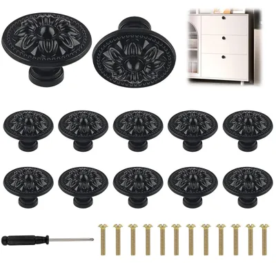 Produktbild von 12 Vintage-Möbelgriffe, 30 mm runde Möbelknöpfe mit Schrauben und Schraubendreher, Schrankknöpfe mit Blumenmuster - zur Verwendung an Schränken, Kleiderschränken, Möbelgriffen und anderen Beschlägen (schwarz)