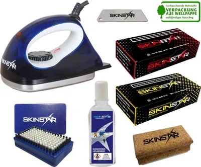 Obrázok produktu pre SKINSTAR Štartovacia sada na voskovanie lyží, žehlička na vosk, kefa, uhľovodíkový vosk – 7-dielna sada