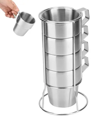 Produktbild von Espressotassen Set von 4 - Doppelwandige Kaffeetassen - Stapelbare Kaffeebecher - Kaffeetassenhalter - Edelstahl - Hitzeschutz