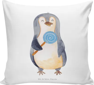 Produktbild von Mr. & Mrs. Panda Sofa Kissen Pinguin Lolli - Weiß - Geschenk, Heißhunger, Süßigkeiten, Naschen, Kuschel, Blödsinn, 40x40, Dekokissen, Sofakissen, Deko, Spruch