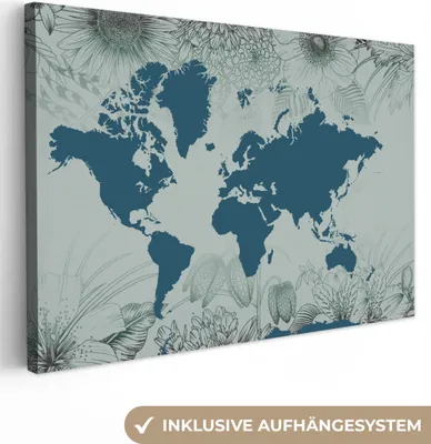 Produktbild von OneMillionCanvasses® - Leinwandbilder - 140x90 cm, Weltkarte - Grau - Blau, Wandbilder Kunstdruck Wanddekoration