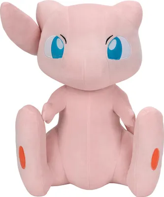 A pink plush toy of the Pokémon Mew sitting down against a white background.