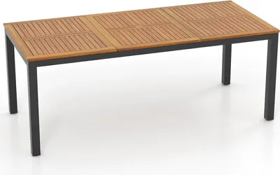A rectangular outdoor dining table with a slatted wooden top and black metal legs, shown from a slightly elevated angle against a white background.