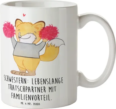 Produktbild von Mr. & Mrs. Panda Tasse Schwestern Tratschpartner - Weiß - Geschenk, Spaß, Becher, Dankeschön, Kaffeebecher, Pott, einzigartige Designs, Schwester, Geschenke, Familie