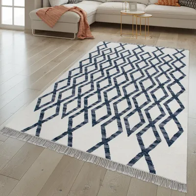 Produktbild von TT Home Wohnzimmer Teppich Handgewebt Geometrisches Skandi Design Wolle Baumwolle Blau Größe 120x170 cm