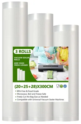Immagine prodotto di Sacchetti per sottovuoto alimenti rotolo - 3 rotoli - 20/25/28 x 300 cm - Riutilizzabili - Compatibili con tutte le macchine per sottovuoto