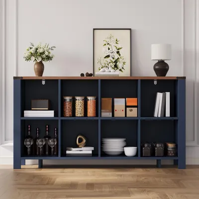 Obrázek produktu pro Komoda Flieks s 8 úložnými prostory a horizontální organizérem, stojací skříň 140x34x75 cm, skříň do kuchyně, obývacího pokoje a jídelny, modrá barva