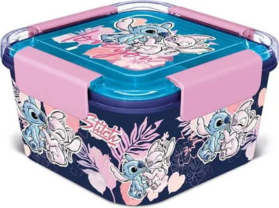 A Lilo & Stitch themed lunch box with pink clasps and a blue lid, featuring Stitch and Angel characters and floral patterns.