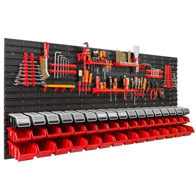Obrázek produktu pro 48 stohovacích boxů nástěnná police plastové víko 172 x 78 cm držák na nářadí dílenský garážový úložný systém otevřená fronta úložné boxy skluzavka