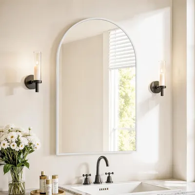 Produktbild von ProximaX Bogenspiegel 91 x 61 cm Weiß, Wandspiegel mit Aluminiumrahmen aus Sicherheitsglas, verzerrungsfreie Oberfläche, Badspiegel für Badezimmer, Schlafzimmer & Flur