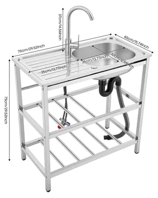 Produktbild von Freistehende Spüle - Einzelbecken - Edelstahl - Mit Wasserhahn - Mit Ablage - 1 Loch - Für Küche/Außenbereich/Garage