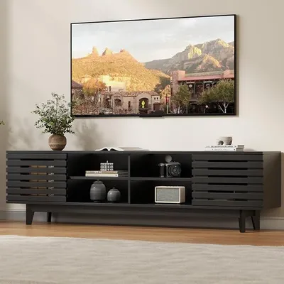 Imagen del producto de Mueble de TV  con estante ajustable, mueble bajo con 2 puertas correderas y 6 estantes abiertos, para televisores de hasta 70 pulgadas, ideal para salón, comedor o dormitorio, dimensiones: 165 x 38 x 45 cm