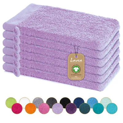 Produktbild von Lavea® 6er Set Waschhandschuh 16x22 cm, 100% Baumwolle, Waschlappen, saugstark, waschbar, strapazierfähig, Frottierserie Bali - Flieder