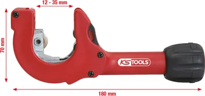A red pipe cutter with measurement indicators.
