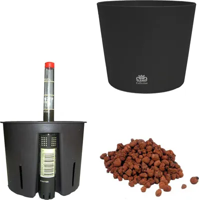 Produktbild von Set4 Blumentopf Flori Ø 16 schwarz+Kulturtopf+Wasserstandsanzeiger+Blähton