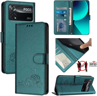 Produktbild von Leder Hülle für Xiaomi Poco X4 Pro 5G Süße Katze Flip Case Brieftasche Schutzhülle mit Standfunktion Grün