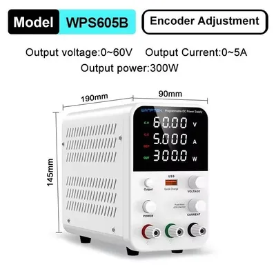 Immagine prodotto di Alimentatore da banco DC - WPS605B, 60V, 5A - Tensione e corrente regolabili - Uscita singola, 50/60 Hz - Potenza: 201-300W - Ricarica rapida USB