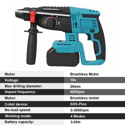 Image de Perceuse-marteau SDS-plus sans fil - 3 modes - Moteur sans balais - 18 V - Diamètre de perçage maximal : 26 mm - Batterie incluse - Couleur : bleu