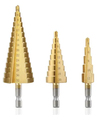 Obrázek produktu pro Souprava vrtáků s proměnným průměrem, HSS, kuželový hrot, 4-12 mm / 4-20 mm / 4-32 mm, s titanovým povrchem