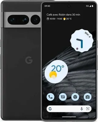 A Google Pixel 7 Pro smartphone is shown from the front and back, displaying its screen with various widgets and icons.