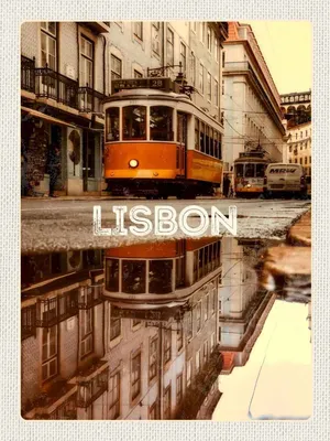 Produktbild von vianmo Holzschild 40x30 cm Lisabon Europa Straßenbahn Stadt Bildmotiv Reisemotiv