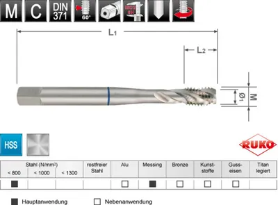 Image de Taraud RUKO M DIN 376 HSS M 12, longueur de filetage 16 mm