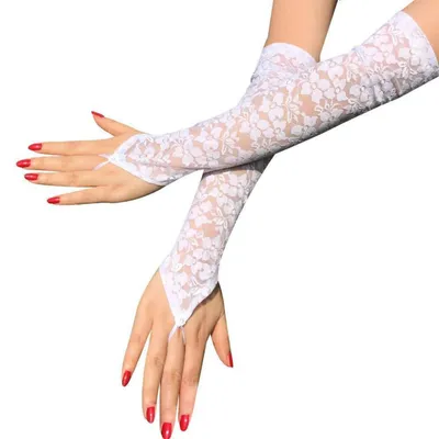 Produktbild von Abendhandschuhe Damen Lang Fingerlos mit Spitze Weiß Einheitsgröße