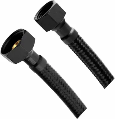 Two black flexible hoses with black fittings are shown against a white background.