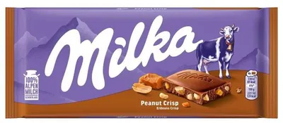 Produktbild von Milka Peanut Crisp, Weiße & Vollmilchschokolade, 90 g, 2251 kJ, 539 kcal, 31 g, 15 g
