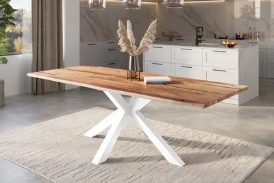 Produktbild von Refurbished Möbelretoure Baumkantentisch Akazie natur mit schwarzen Resin-Adern 260 x 100 cm Spider-Gestell weiß POLLY