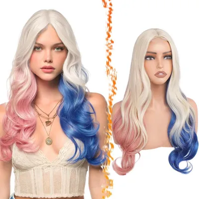 Produktbild von Lange wellige Perücke Rosa Blau Blond 71cm Synthetik Mittelscheitel Damen Kostüm Party Halloween