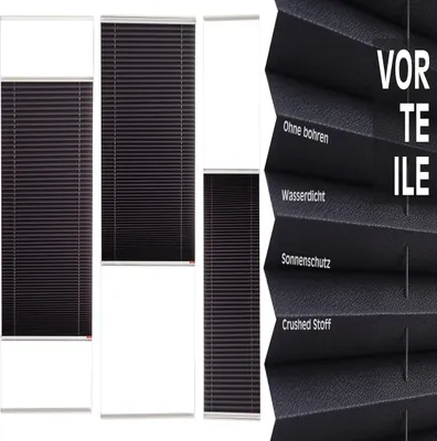 Produktbild von Plissee Rollo ohne Bohren mit Aluminium- Klebeleiste Schwarz Sichtschutz Fenster 60 cm-130 cm