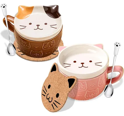 Productafbeelding van Keramische tassen met deksel, set van 2, bruin en roze, met kattenmotief, voor dames en meisjes