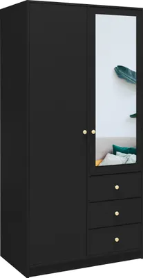 A black wardrobe with a mirrored door and three drawers.