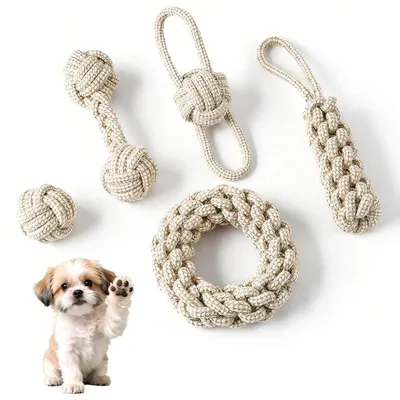 Produktbild von Hundespielzeug-Set mit 5 Kauspielzeugen, Geflochtene Baumwoll- und Hanfseile, Interaktives Spielzeug für Hunde