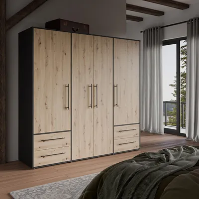 Produktbild von Forte MOKKARIS Kleiderschrank 200 210, moderner Drehtürenschrank, 4-türig, 4 Schubladen, Holzwerkstoff, Artisan Eiche Holzdekor mit Schwarz, 205,9 cm breit x 200,1 cm hoch x 58,8 cm tief