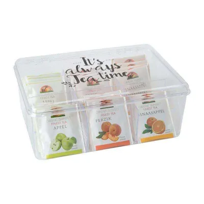 A clear plastic box filled with tea bags, with text printed on the lid.