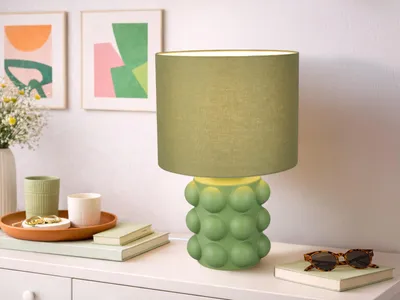 Produktbild von Große Retro LED Tischlampe mit Lampenfuß Keramik & Stoffschirm Grün, Höhe 47cm