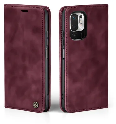 A burgundy flip case for a smartphone is shown from the front and back.