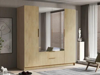Obrázok produktu pre Veľká šatníková skriňa 200 cm so zrkadlom BETILA - dub cremona / zlatá
