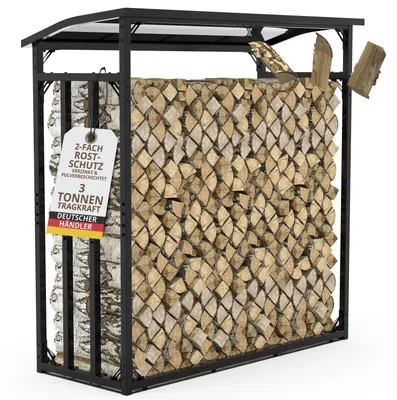 Productafbeelding van Haardhoutrek buiten met dak 185x70x185 cm zwart verzinkt staal houtopslag tuin terras brandhoutrek houtberging houtstapelrek haardhout opslag